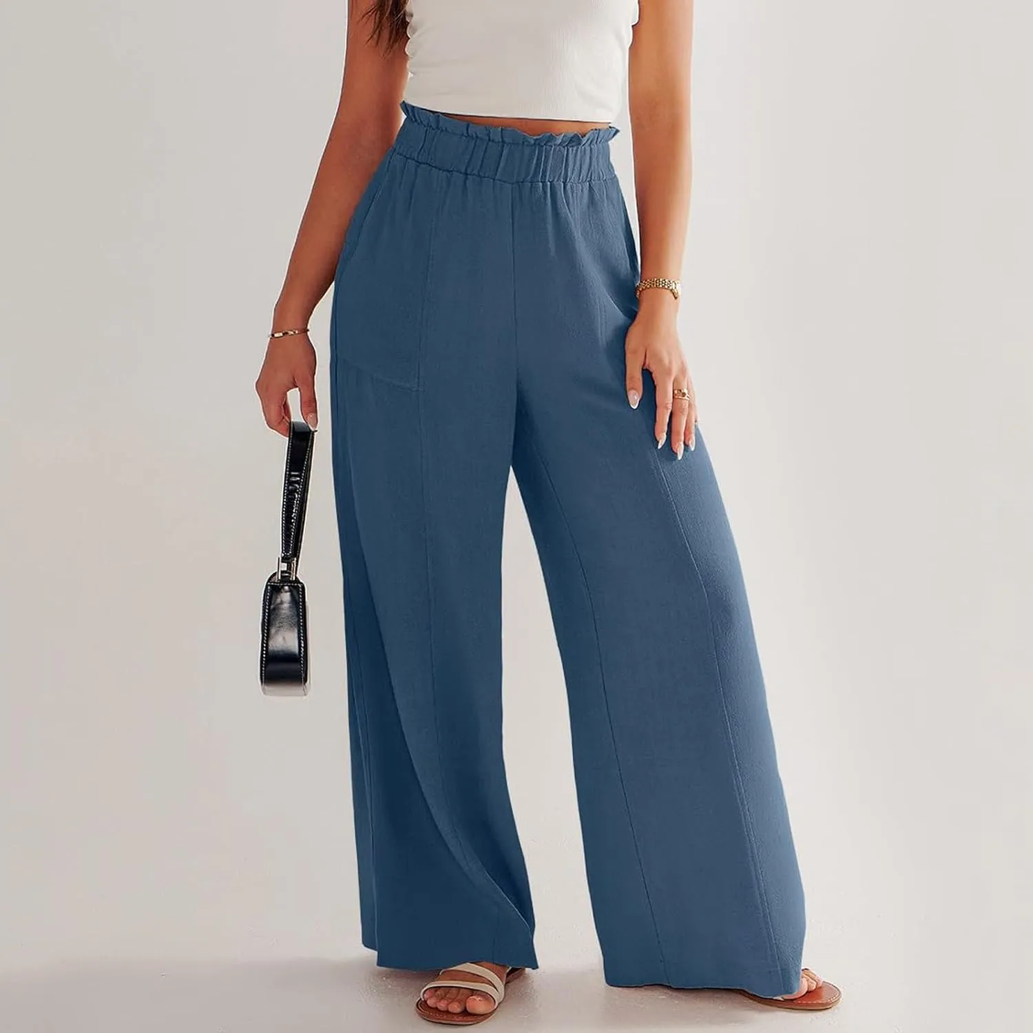 Straight Leg Pants Women Casual Baggy Elastic Waist Flowy Palazzo Pants Tie Knot Summer Beach Trousers with Pockets