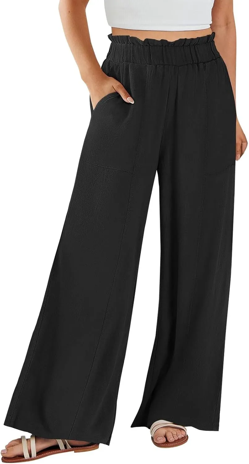Straight Leg Pants Women Casual Baggy Elastic Waist Flowy Palazzo Pants Tie Knot Summer Beach Trousers with Pockets