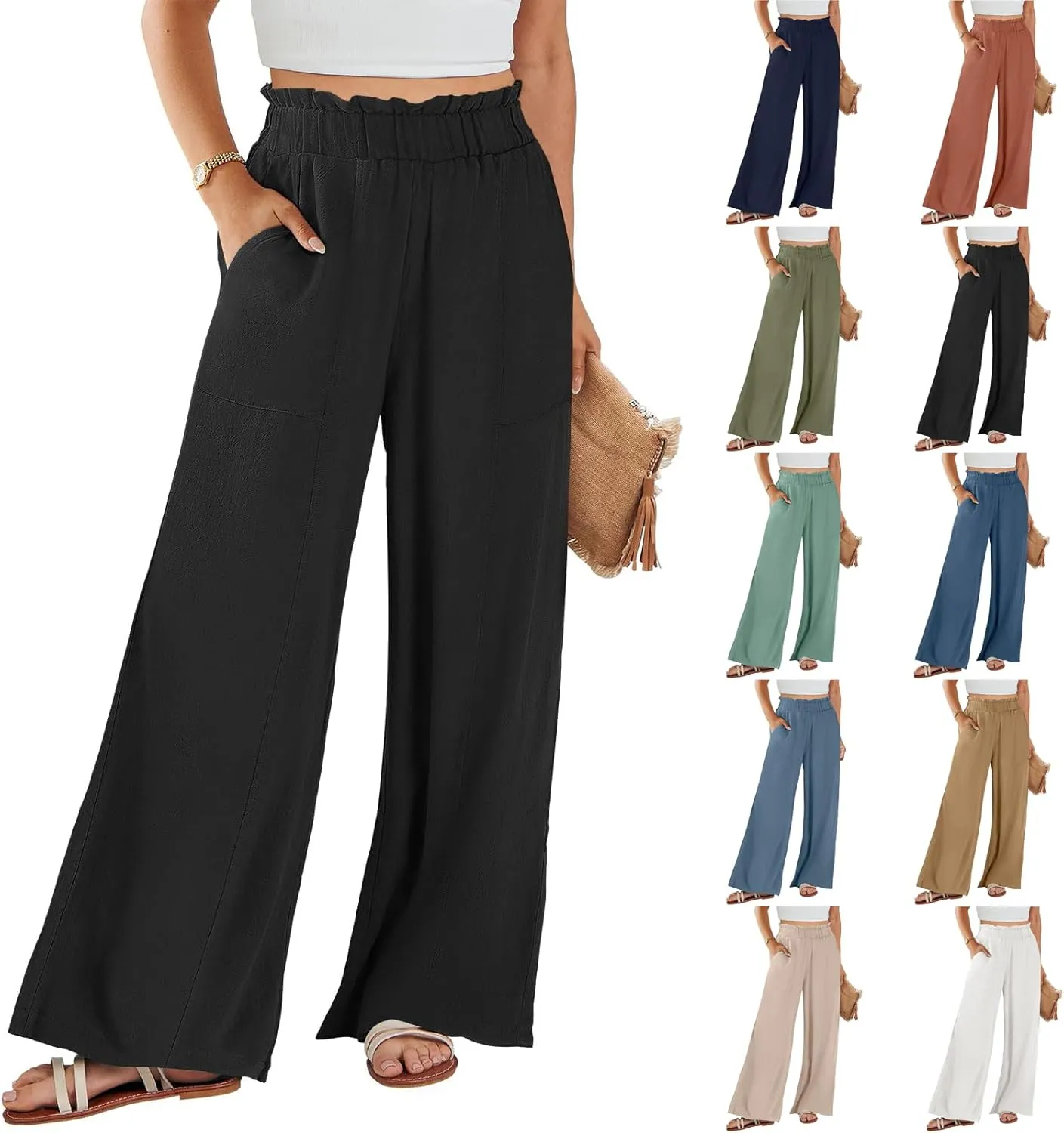 Straight Leg Pants Women Casual Baggy Elastic Waist Flowy Palazzo Pants Tie Knot Summer Beach Trousers with Pockets