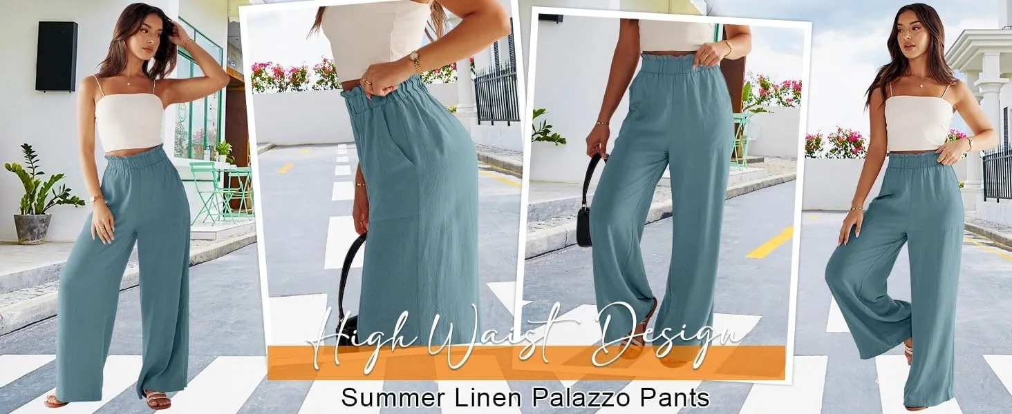 Straight Leg Pants Women Casual Baggy Elastic Waist Flowy Palazzo Pants Tie Knot Summer Beach Trousers with Pockets