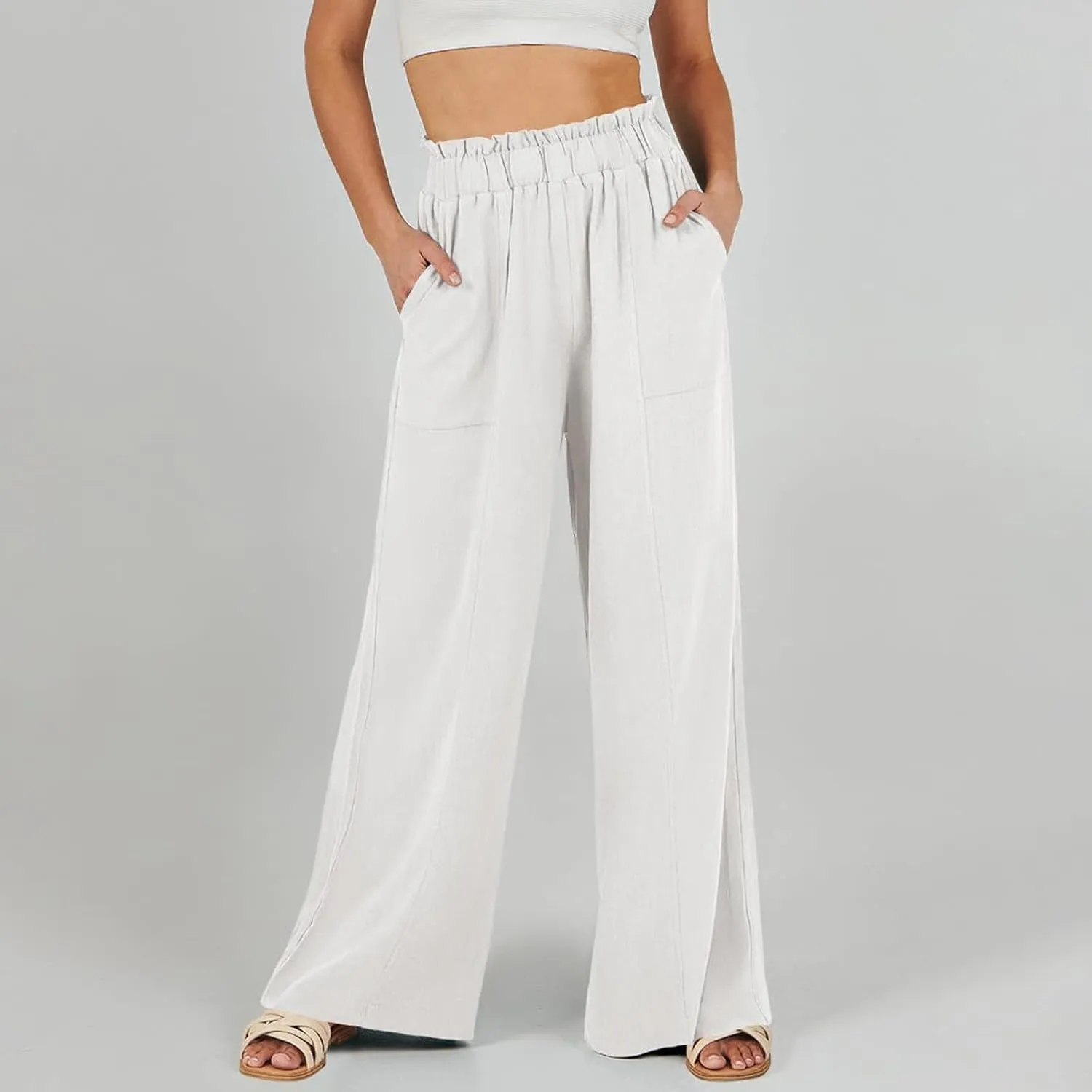Straight Leg Pants Women Casual Baggy Elastic Waist Flowy Palazzo Pants Tie Knot Summer Beach Trousers with Pockets
