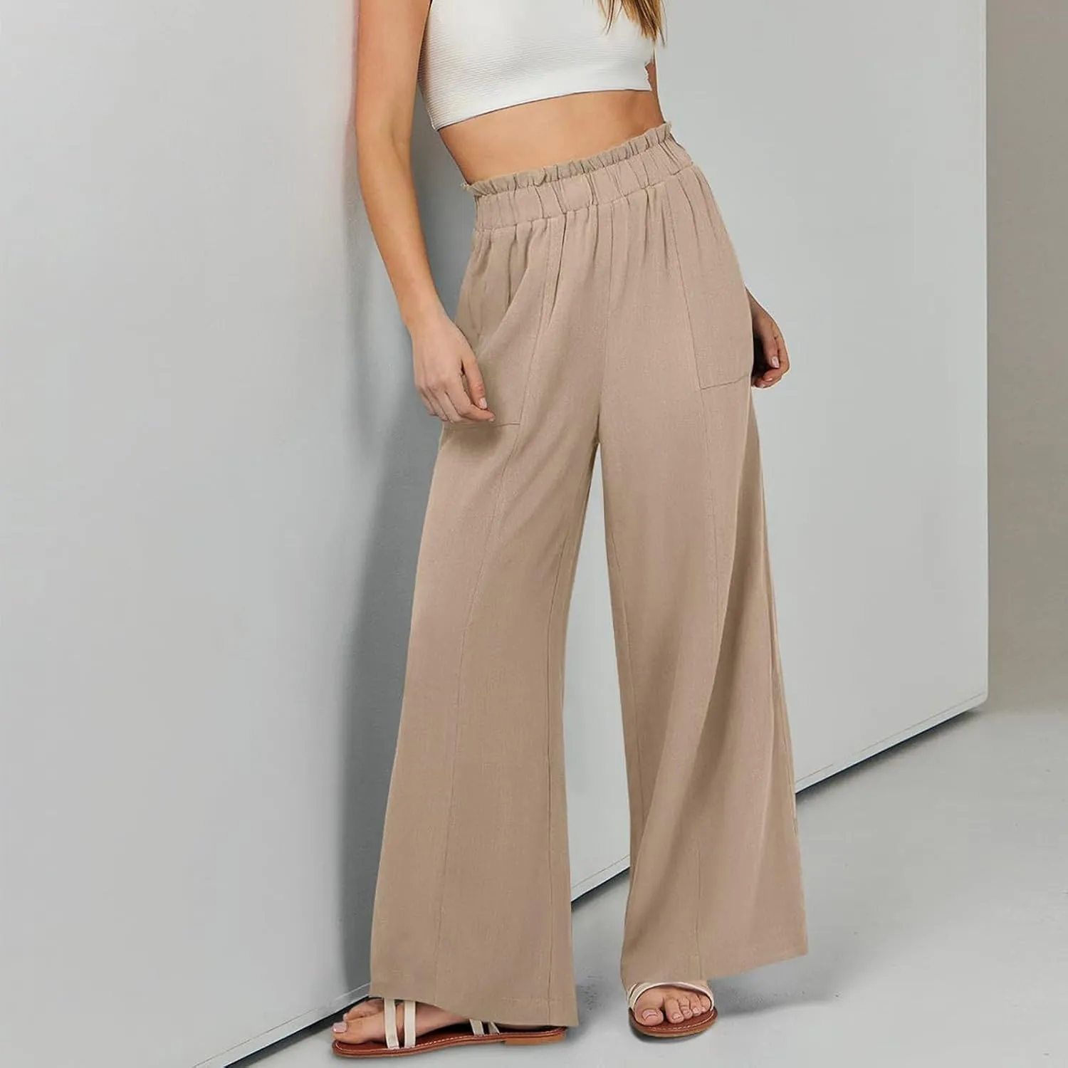 Straight Leg Pants Women Casual Baggy Elastic Waist Flowy Palazzo Pants Tie Knot Summer Beach Trousers with Pockets