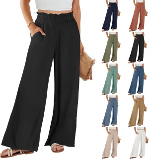 Straight Leg Pants Women Casual Baggy Elastic Waist Flowy Palazzo Pants Tie Knot Summer Beach Trousers with Pockets