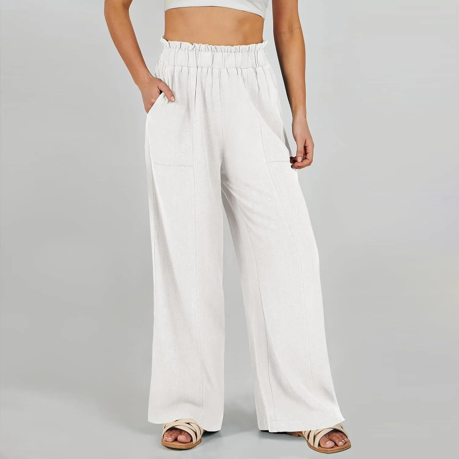 Straight Leg Pants Women Casual Baggy Elastic Waist Flowy Palazzo Pants Tie Knot Summer Beach Trousers with Pockets
