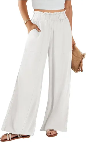 Straight Leg Pants Women Casual Baggy Elastic Waist Flowy Palazzo Pants Tie Knot Summer Beach Trousers with Pockets