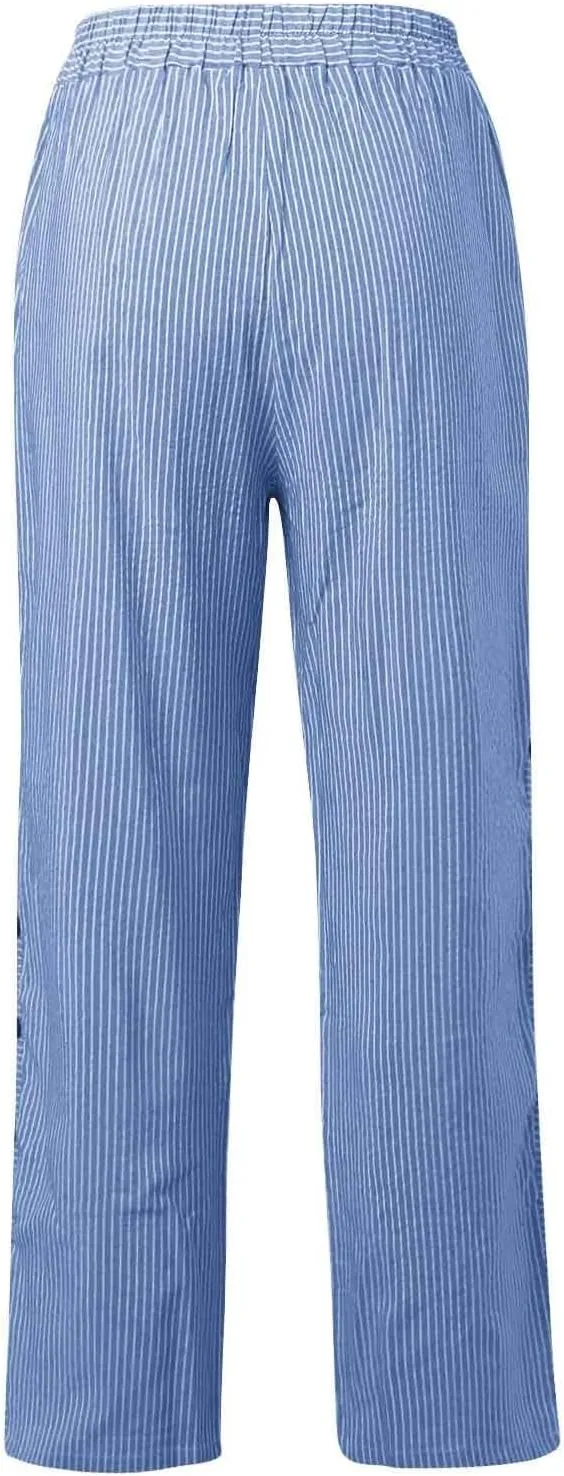 Striped Pants Women 2025 Summer Casual Side Button Elastic Waist Trendy Pants Straight Leg Baggy Trousers with Pocket