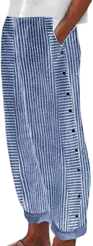 Striped Pants Women 2025 Summer Casual Side Button Elastic Waist Trendy Pants Straight Leg Baggy Trousers with Pocket
