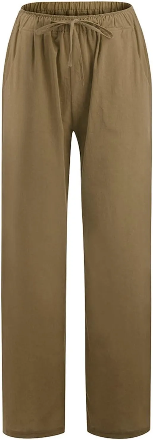 Summer Cotton Linen Pants for Women Drawstring Casual Wide Leg Pants Loose Lightweight Beach Lounge Trousers with Pockets