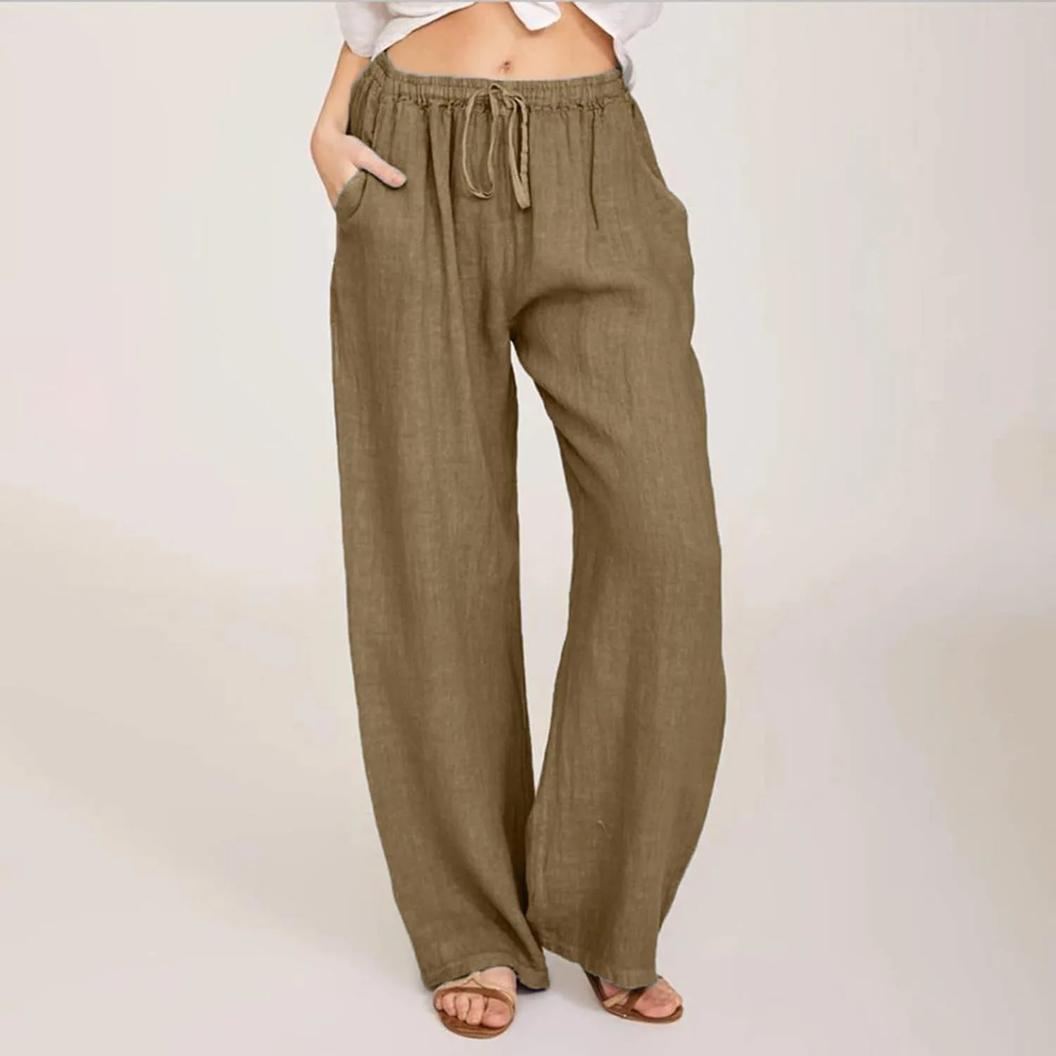 Summer Cotton Linen Pants for Women Drawstring Casual Wide Leg Pants Loose Lightweight Beach Lounge Trousers with Pockets