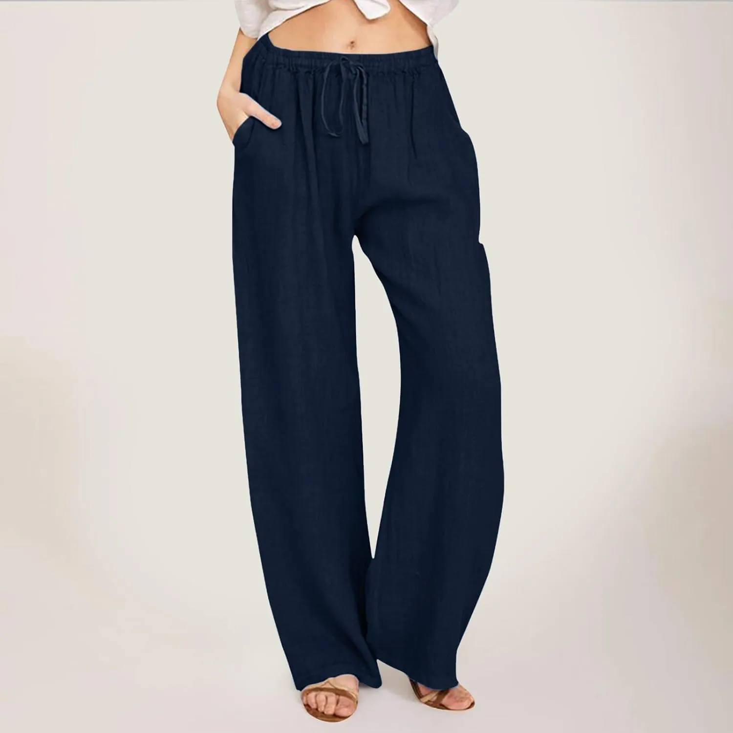 Summer Cotton Linen Pants for Women Drawstring Casual Wide Leg Pants Loose Lightweight Beach Lounge Trousers with Pockets