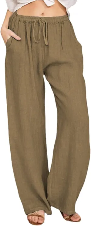 Summer Cotton Linen Pants for Women Drawstring Casual Wide Leg Pants Loose Lightweight Beach Lounge Trousers with Pockets