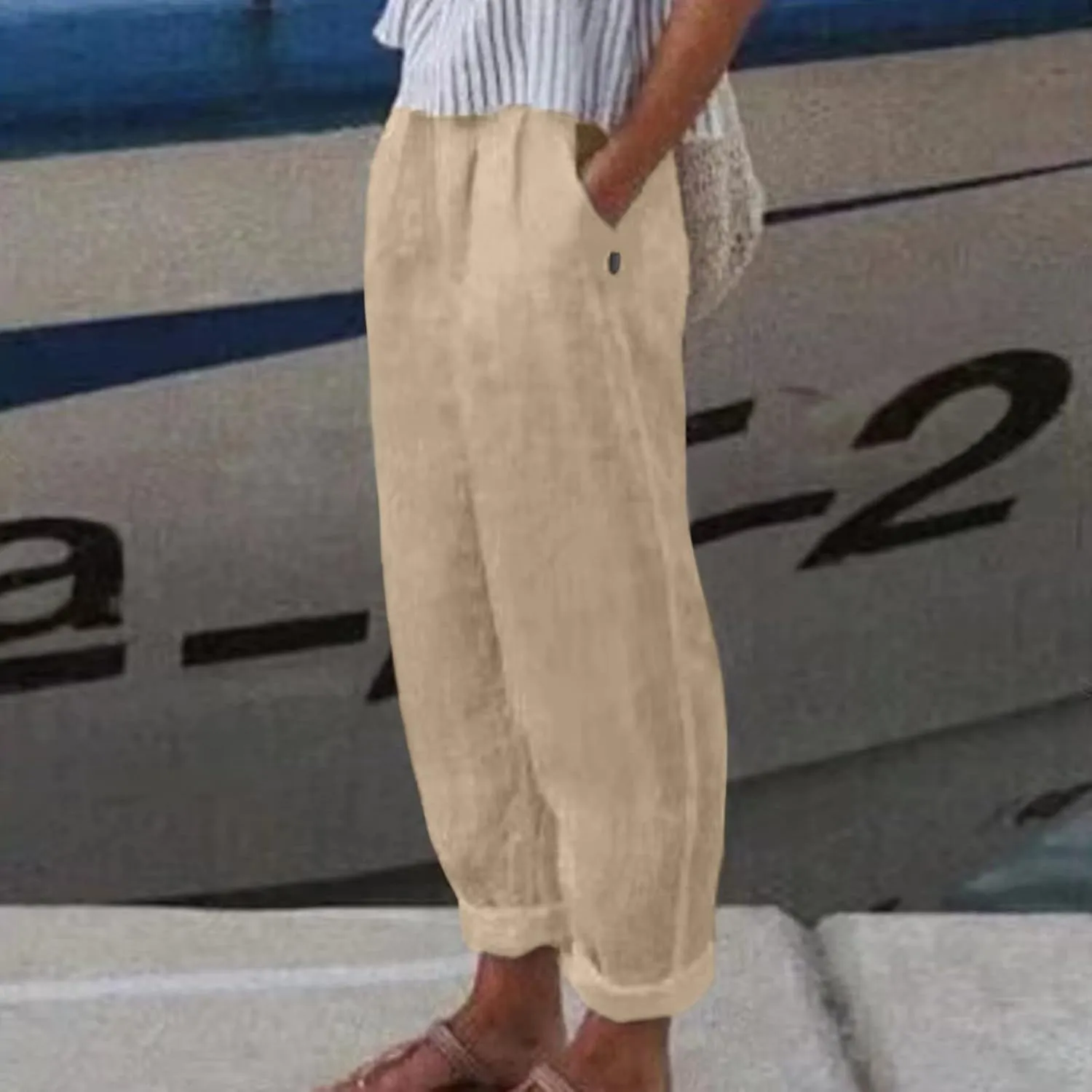 Summer Cotton Linen Pants for Women Elastic Waist Casual Loose Beach Pants 2024 Trendy Baggy Lounge Trousers with Pockets