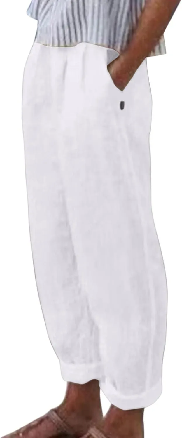 Summer Cotton Linen Pants for Women Elastic Waist Casual Loose Beach Pants 2024 Trendy Baggy Lounge Trousers with Pockets