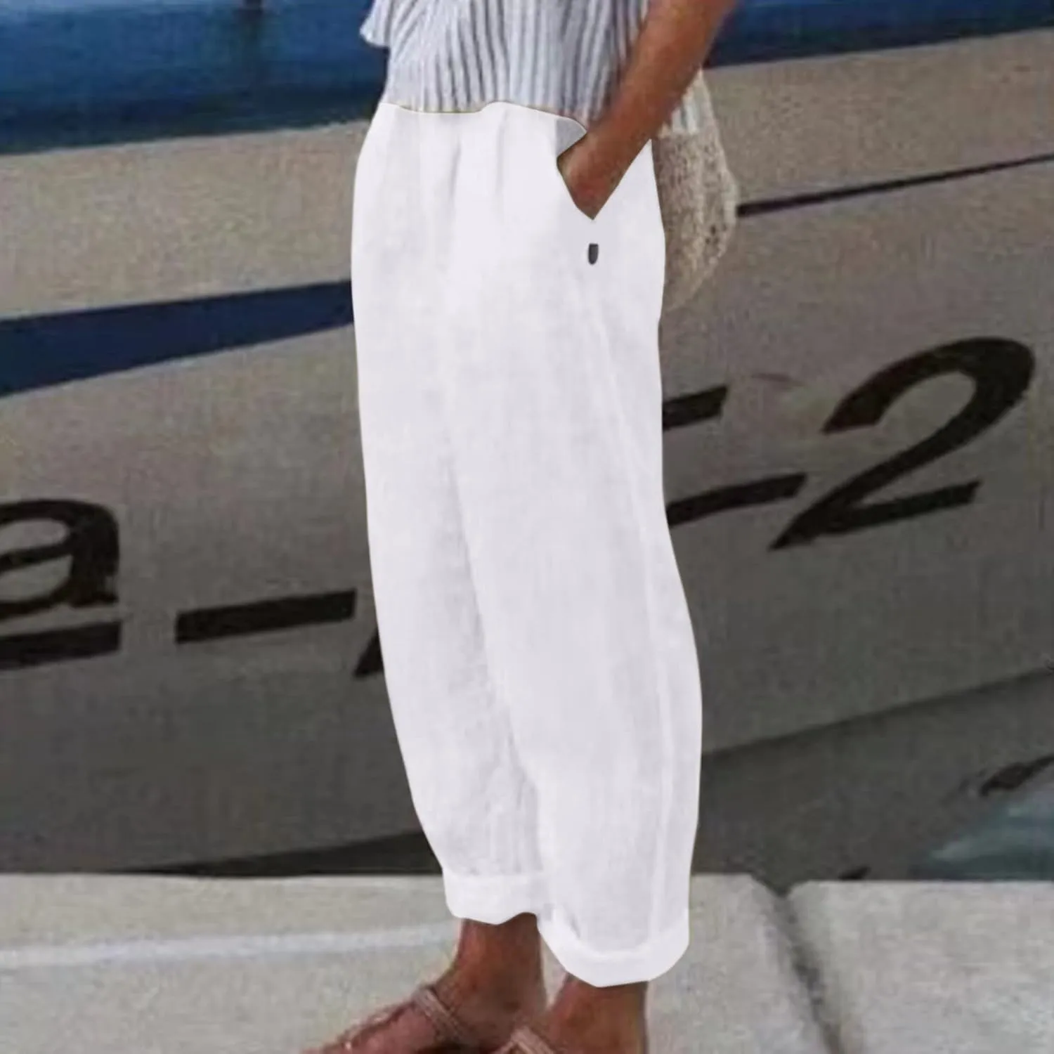 Summer Cotton Linen Pants for Women Elastic Waist Casual Loose Beach Pants 2024 Trendy Baggy Lounge Trousers with Pockets
