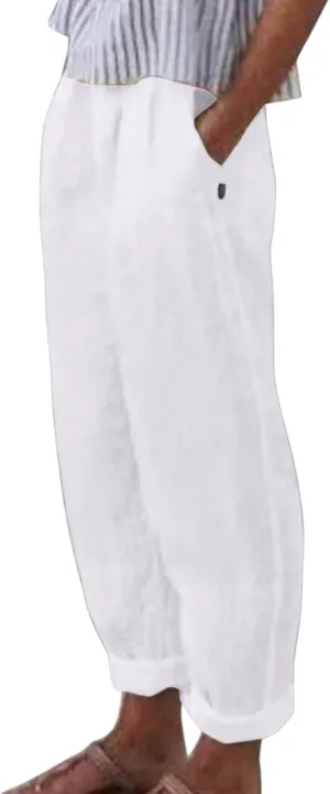 Summer Cotton Linen Pants for Women Elastic Waist Casual Loose Beach Pants 2024 Trendy Baggy Lounge Trousers with Pockets