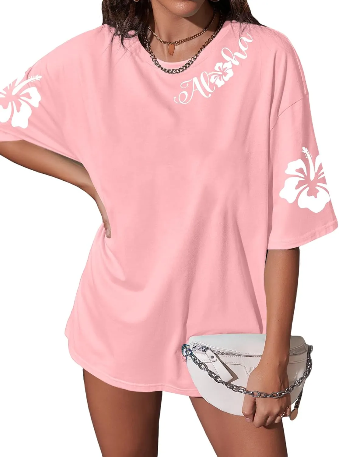 SUPEYA Hawaiian Shirt Women Oversized Hawaii T Shirts Vintage Hibiscus Graphic Tropical Tops Summer Beach Vacation Shirts
