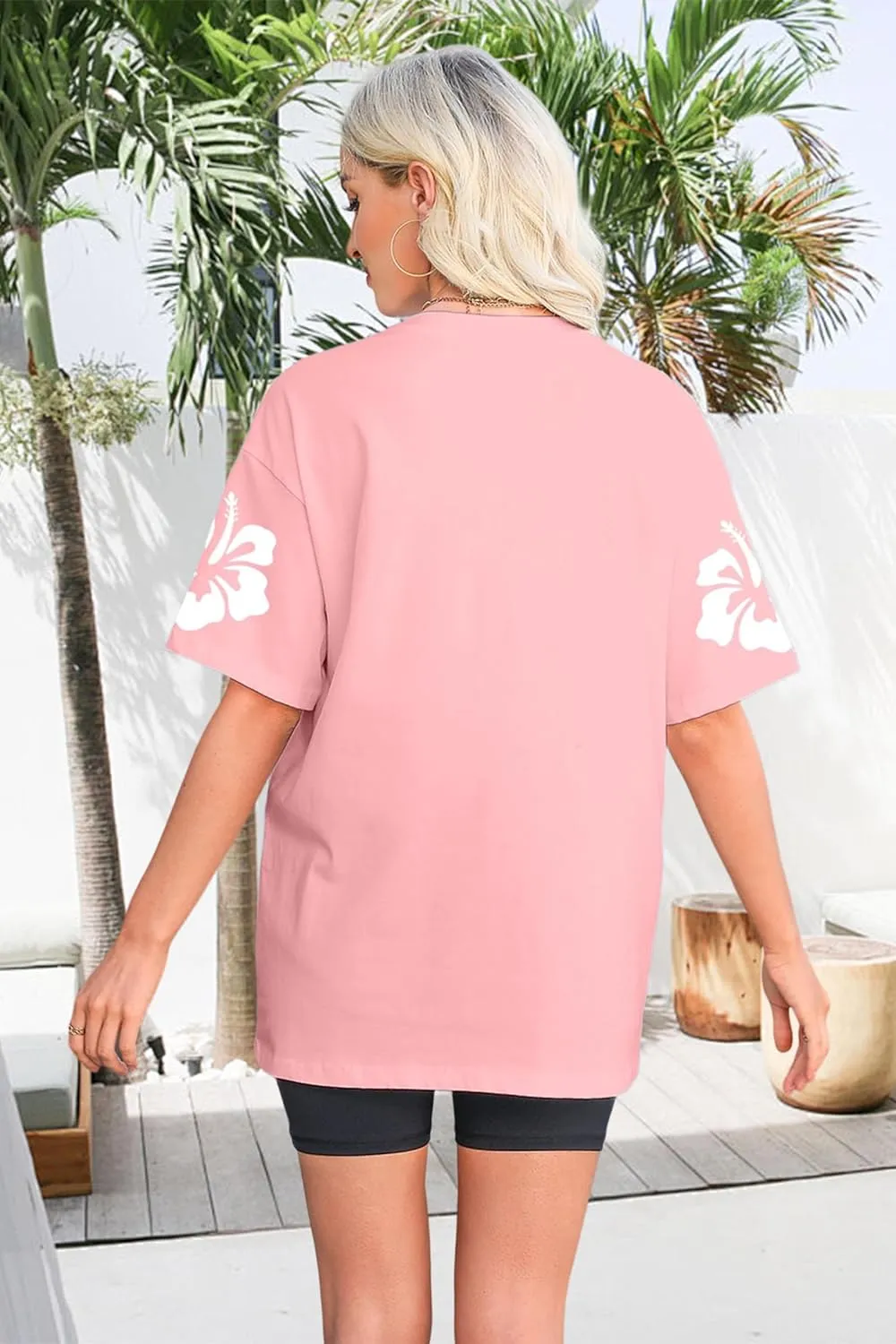 SUPEYA Hawaiian Shirt Women Oversized Hawaii T Shirts Vintage Hibiscus Graphic Tropical Tops Summer Beach Vacation Shirts