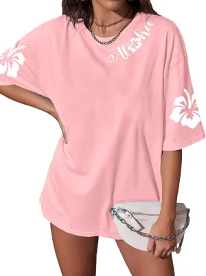 SUPEYA Hawaiian Shirt Women Oversized Hawaii T Shirts Vintage Hibiscus Graphic Tropical Tops Summer Beach Vacation Shirts