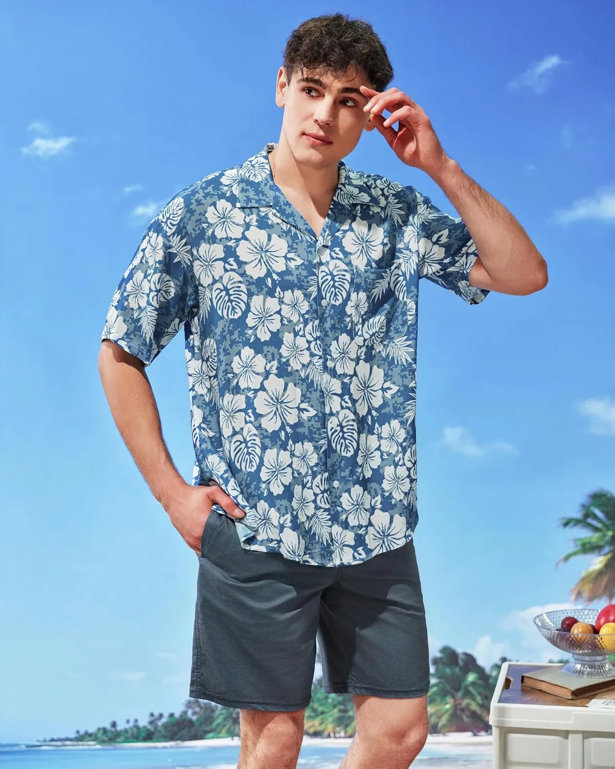 SURF CUZ Mens Hawaiian Shirts Short Sleeve Stretch Casual Aloha Shirt Vacation Mens Tropical Button Down Beach Shirts