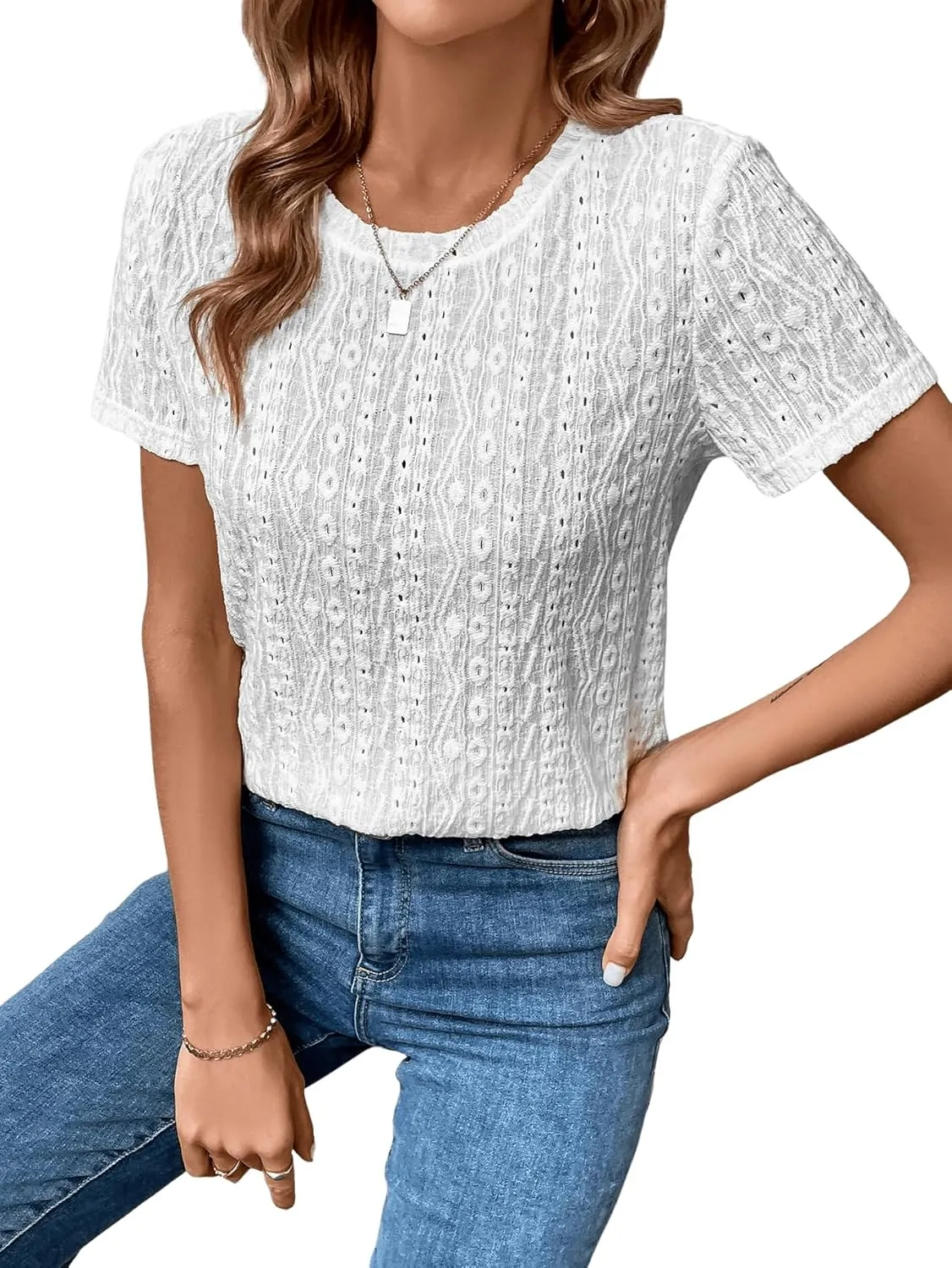 SweatyRocks Women's Eyelet Embroidery Short Sleeve Tops Shirts Solid Crewneck Retro Plain Casual Holiday T-Shirts