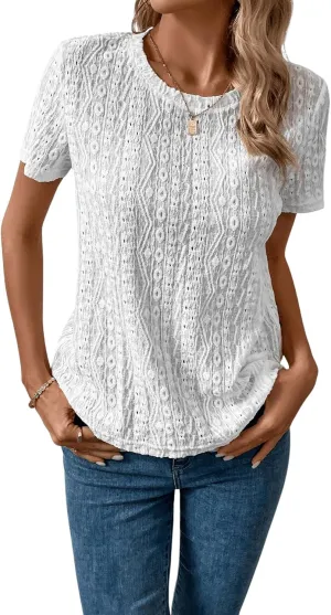 SweatyRocks Women's Eyelet Embroidery Short Sleeve Tops Shirts Solid Crewneck Retro Plain Casual Holiday T-Shirts