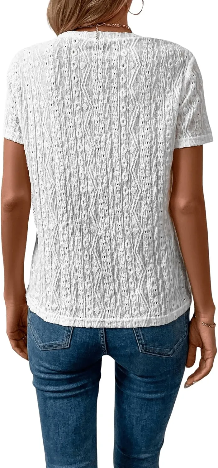 SweatyRocks Women's Eyelet Embroidery Short Sleeve Tops Shirts Solid Crewneck Retro Plain Casual Holiday T-Shirts