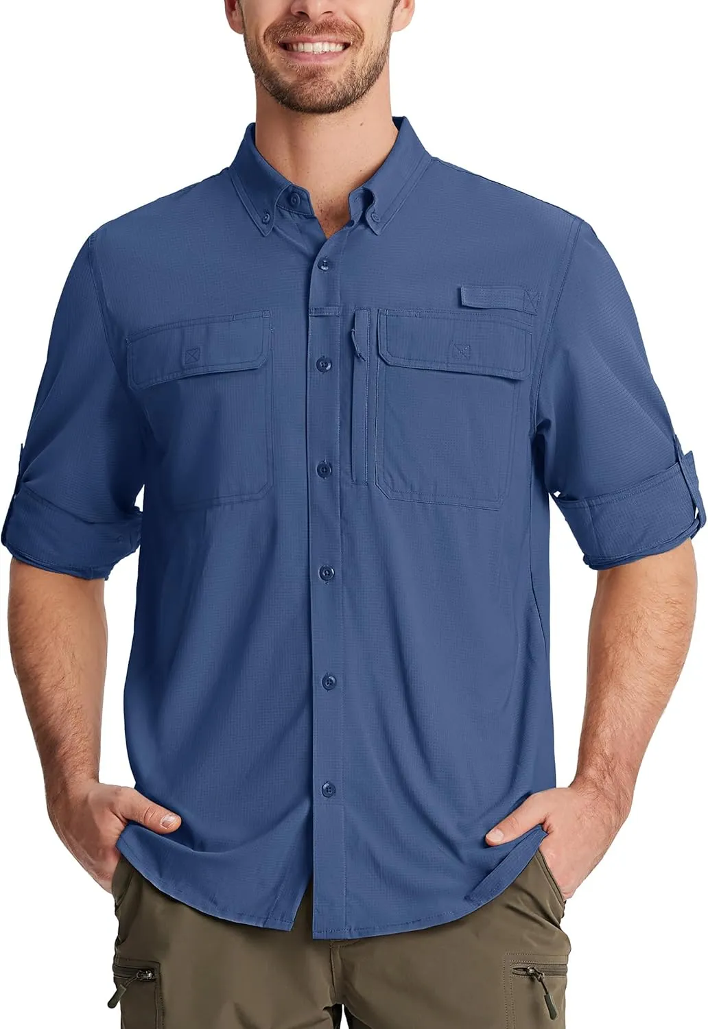 TACVASEN Men's Fishing Shirts Long Sleeve Sun Protection UPF50  Quick Dry Button Down Shirts with Zipper Pockets