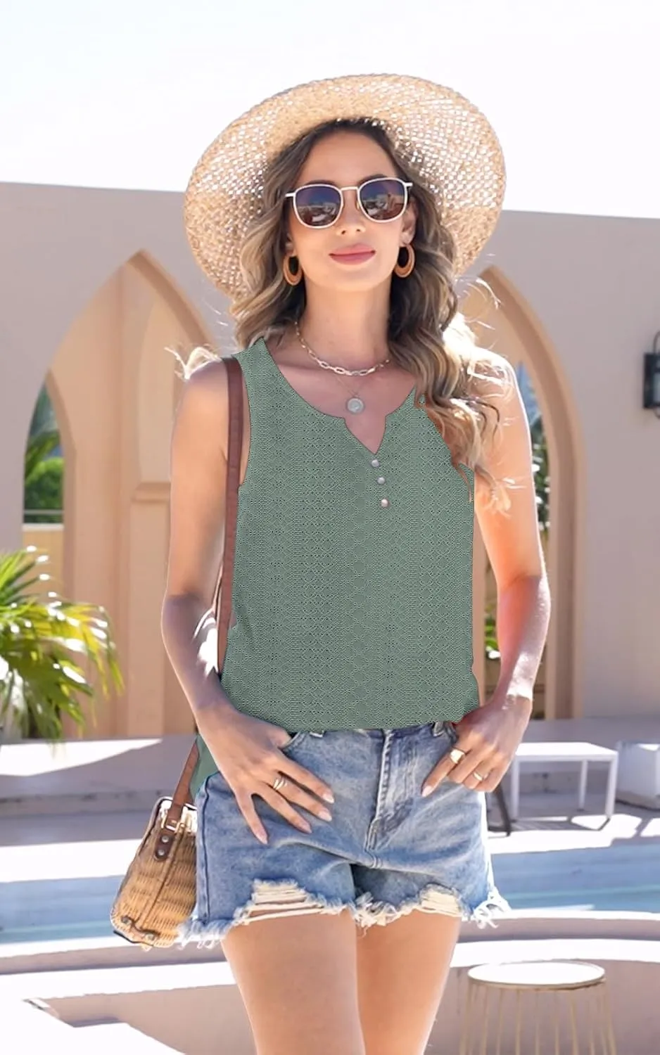 Tank Tops for Women Summer Tops Casual Button Down Shirts Loose Fit V Neck Sleeveless T Shirts