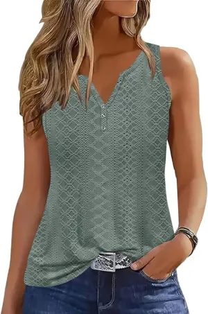 Tank Tops for Women Summer Tops Casual Button Down Shirts Loose Fit V Neck Sleeveless T Shirts