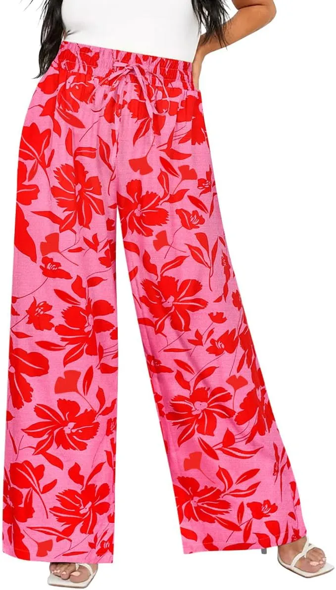 TIYOMI Plus Size Wide Leg Pants for Women Elastic Drawstring Pants High Waisted Lounge Pants XL-5XL