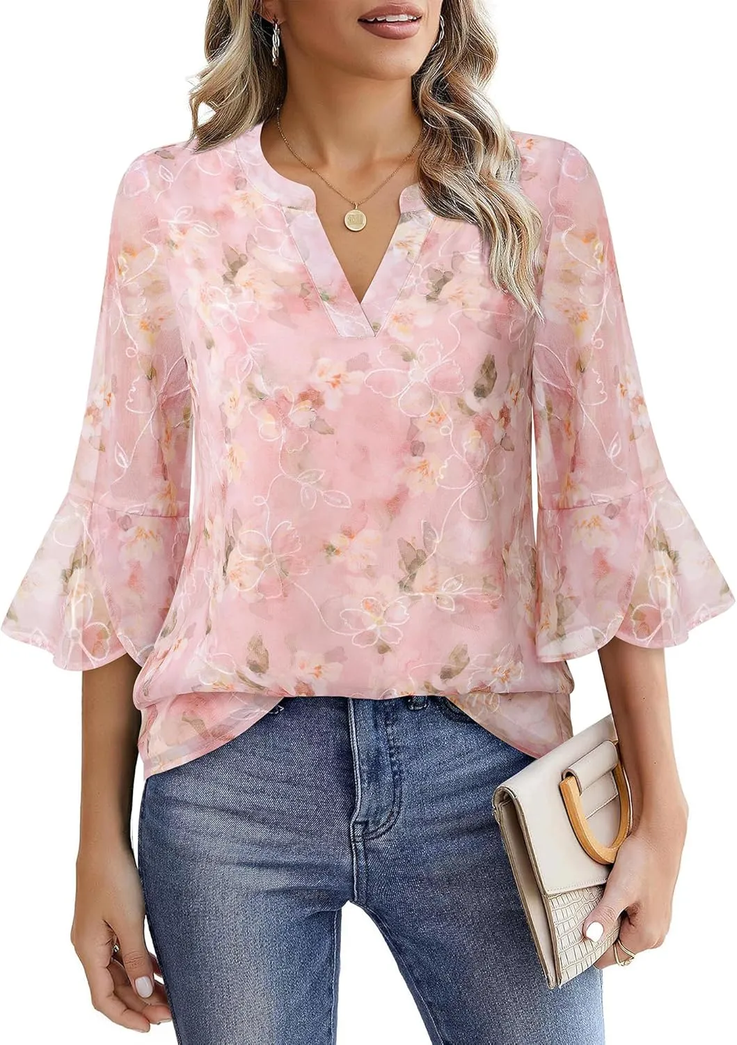 VALOLIA Womens 3/4 Sleeve Tops Dressy Casual Chiffon Blouses Floral Print V-Neck Work Office Shirts