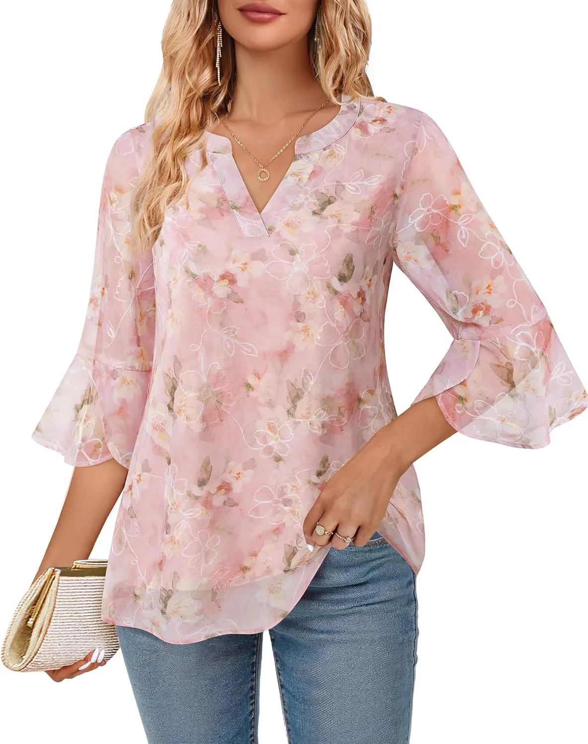 VALOLIA Womens 3/4 Sleeve Tops Dressy Casual Chiffon Blouses Floral Print V-Neck Work Office Shirts