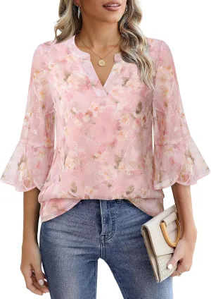 VALOLIA Womens 3/4 Sleeve Tops Dressy Casual Chiffon Blouses Floral Print V-Neck Work Office Shirts