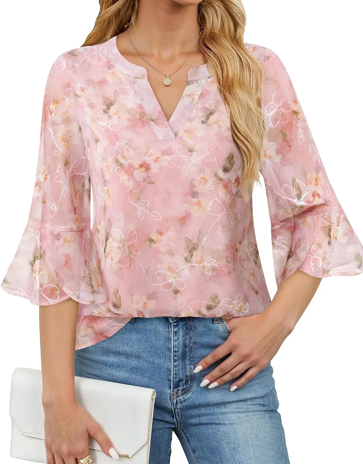 VALOLIA Womens 3/4 Sleeve Tops Dressy Casual Chiffon Blouses Floral Print V-Neck Work Office Shirts