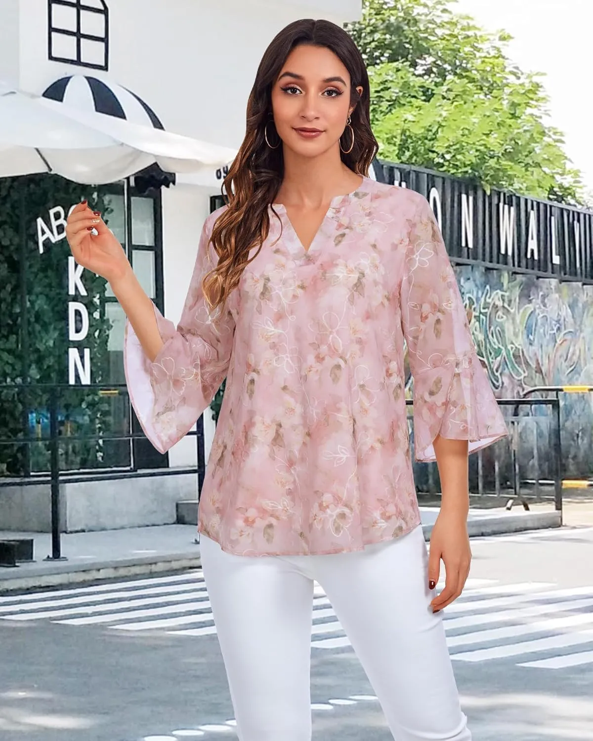 VALOLIA Womens 3/4 Sleeve Tops Dressy Casual Chiffon Blouses Floral Print V-Neck Work Office Shirts