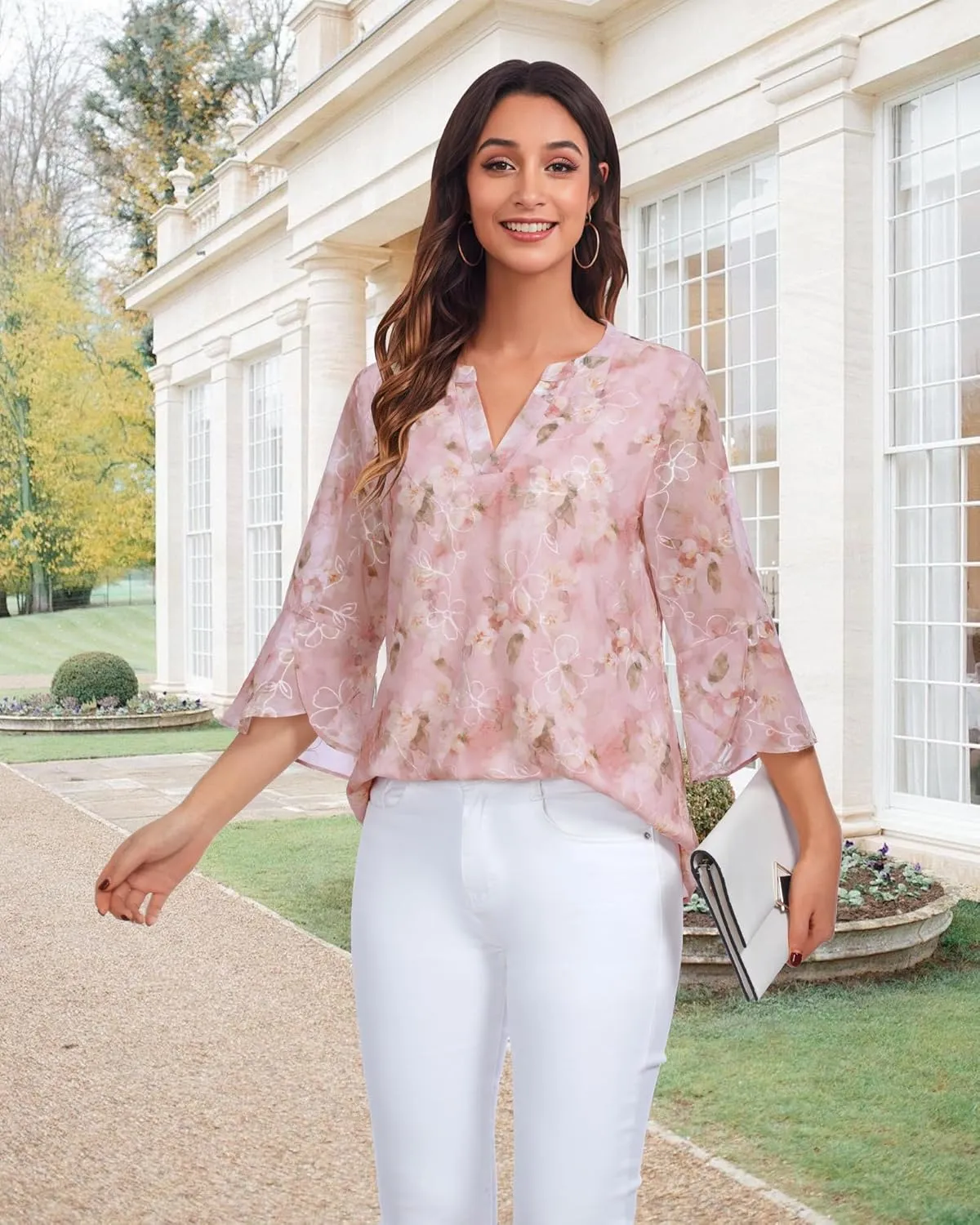 VALOLIA Womens 3/4 Sleeve Tops Dressy Casual Chiffon Blouses Floral Print V-Neck Work Office Shirts