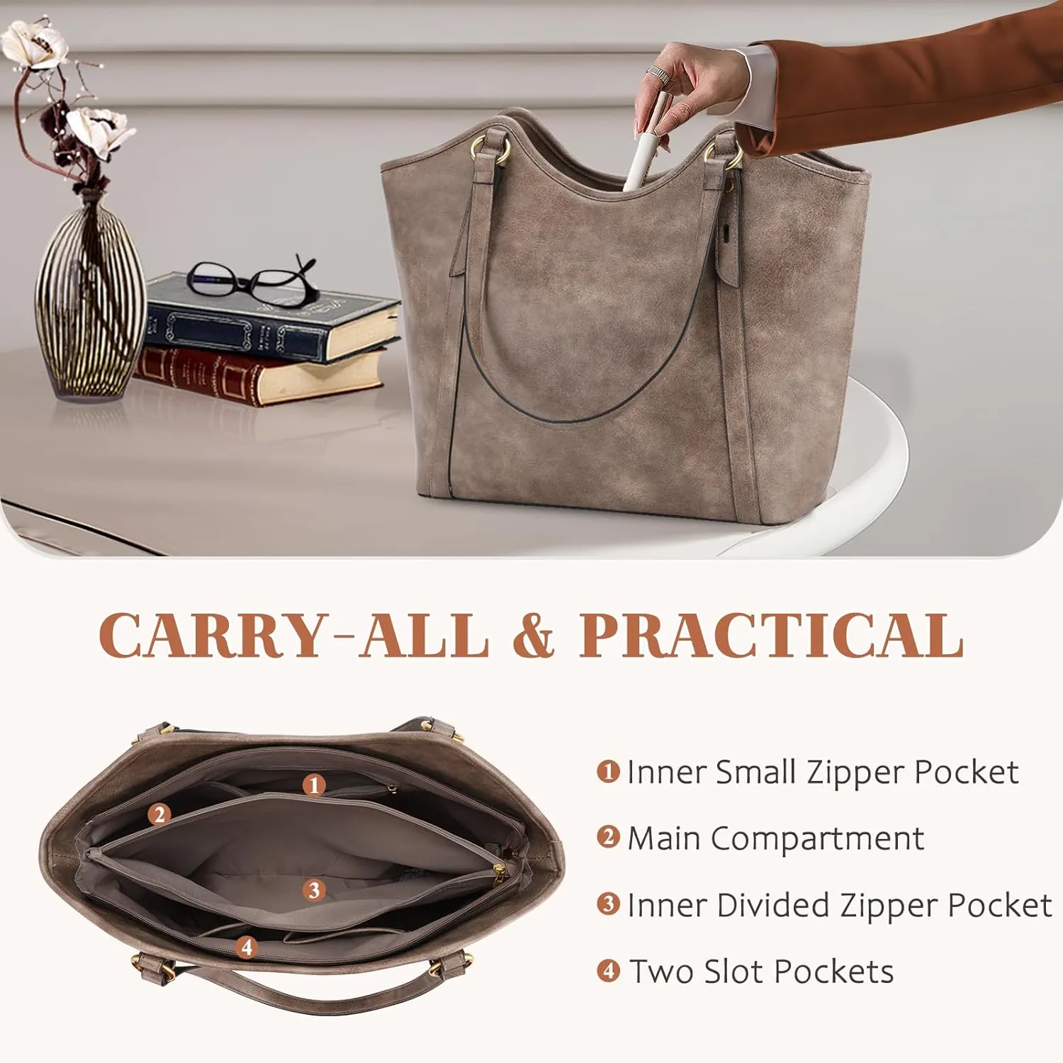 VASCHY Tote Bag Purse for Women, Fashion Large Vegan Leather Top Handle Satchel Shoulder Bag Handbag with Zipper for Work
