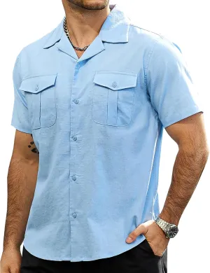 VATPAVE Mens Hawaiian Cotton Linen Shirts Short Sleeve Button Down Summer Shirts Cuban Beach Tops with Pockets