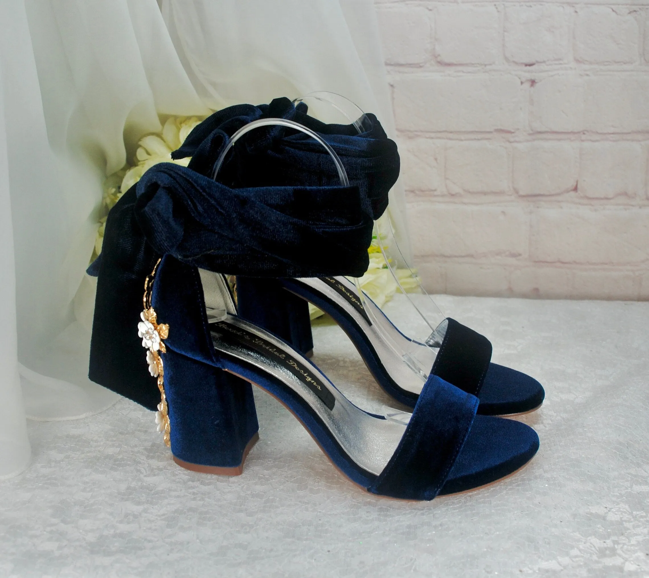 Velvet Block Heels with Cherry Blossom