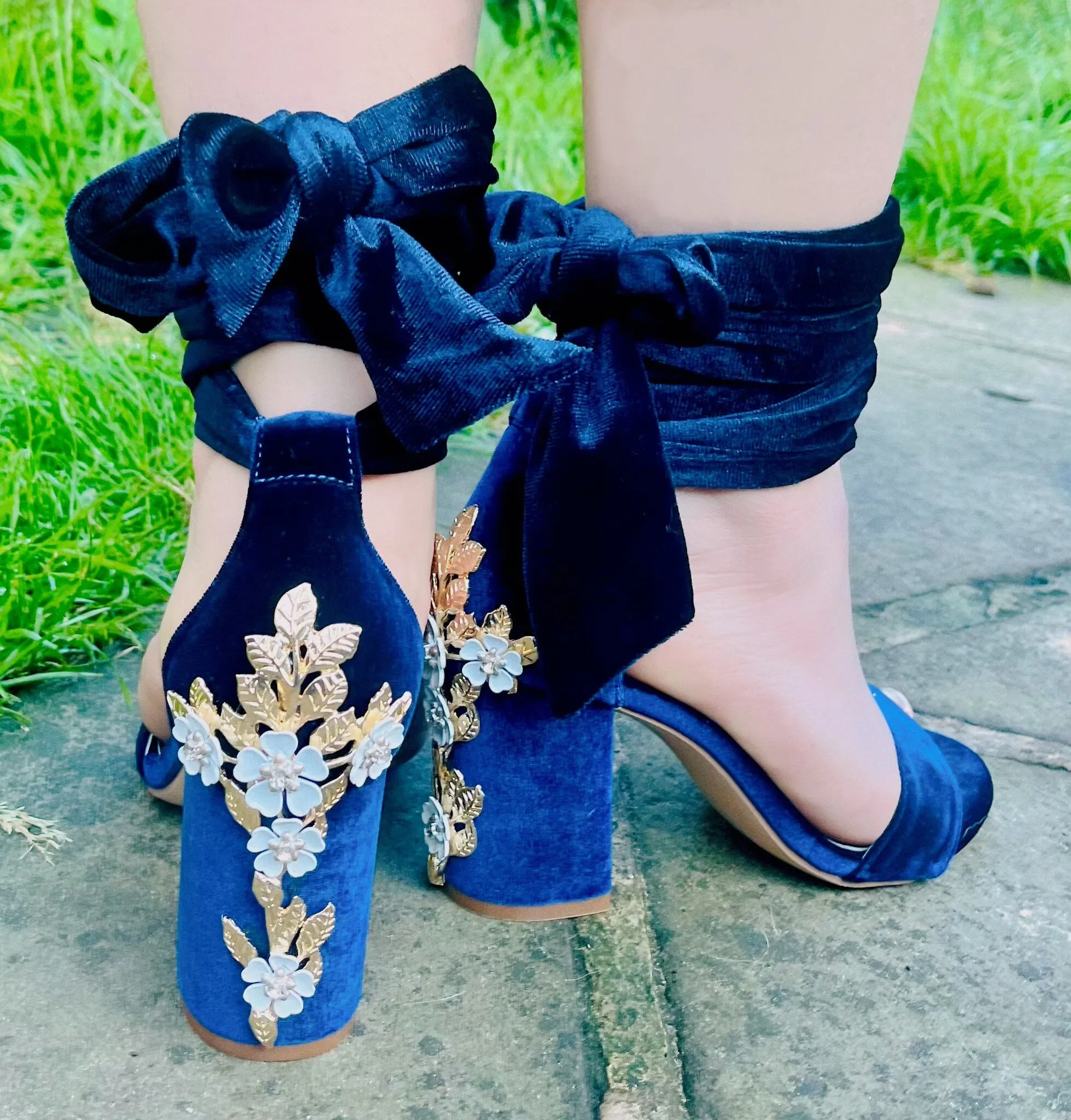 Velvet Block Heels with Cherry Blossom