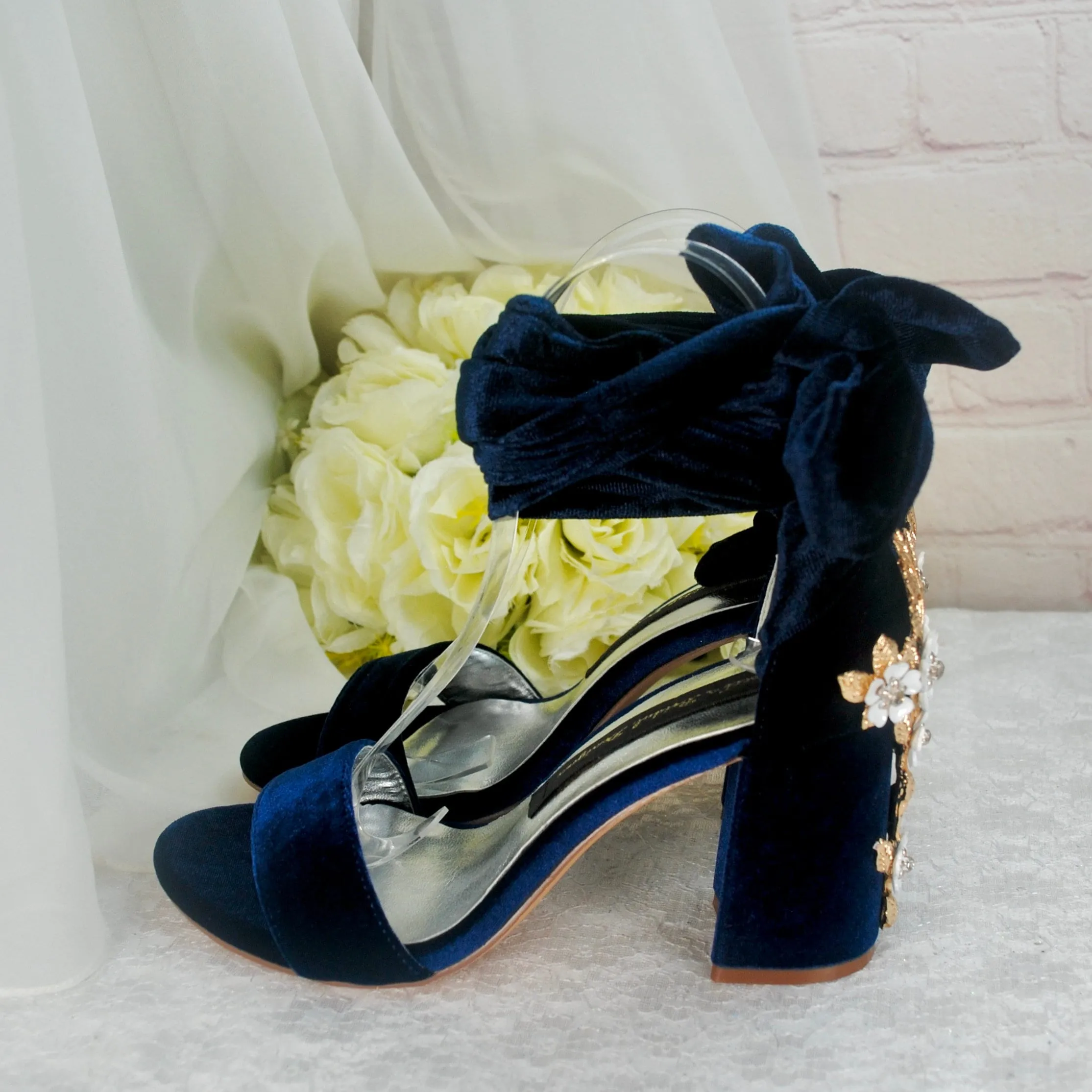 Velvet Block Heels with Cherry Blossom