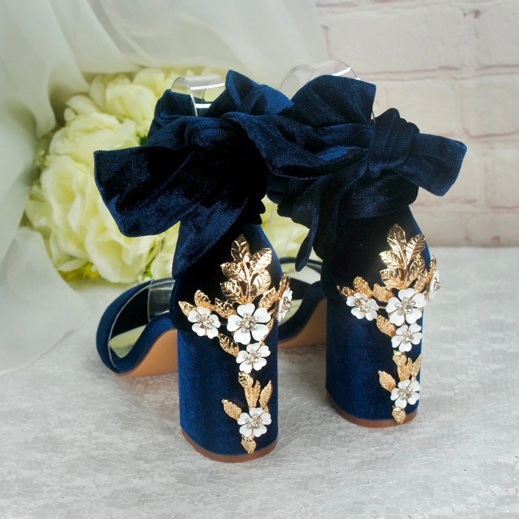 Velvet Block Heels with Cherry Blossom