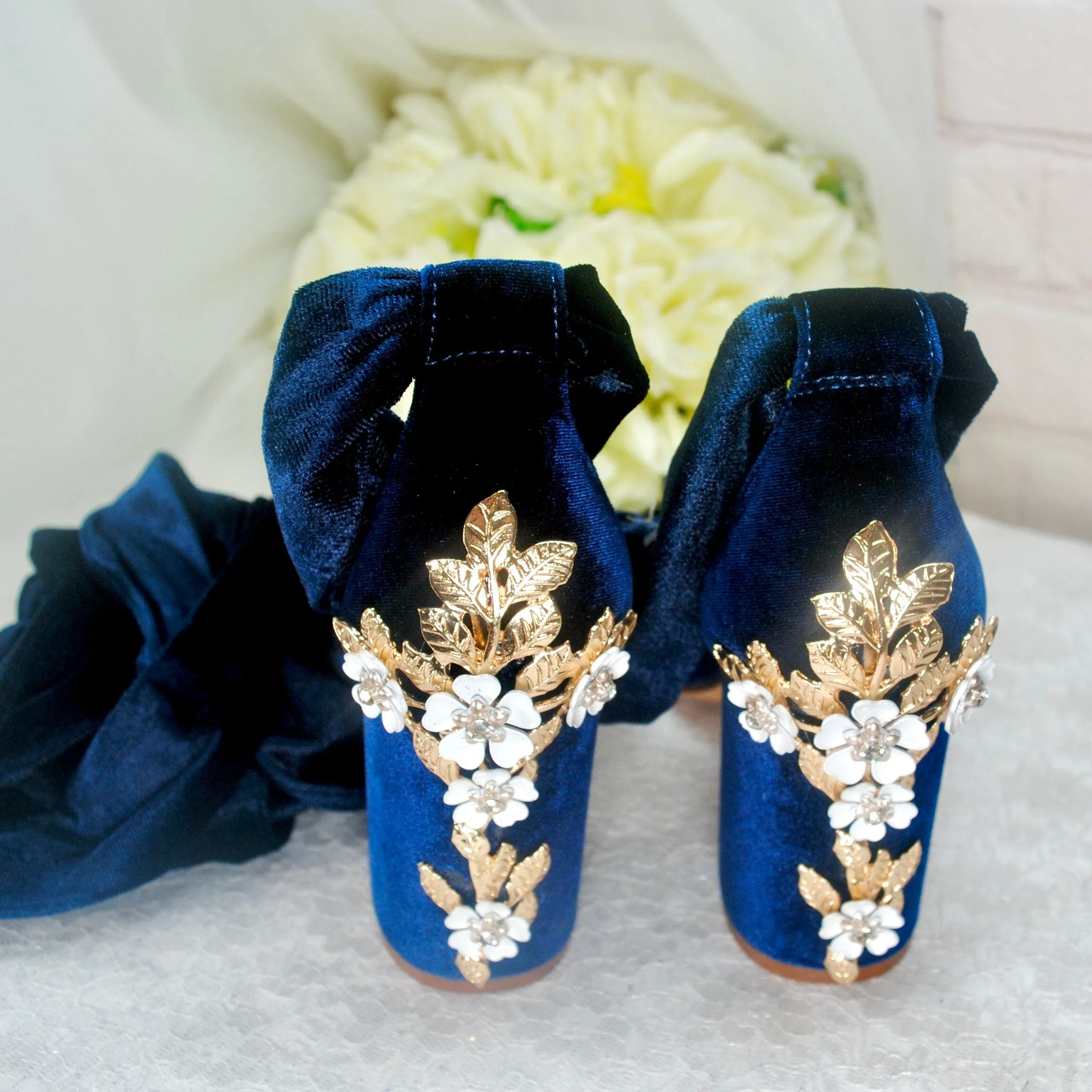 Velvet Block Heels with Cherry Blossom