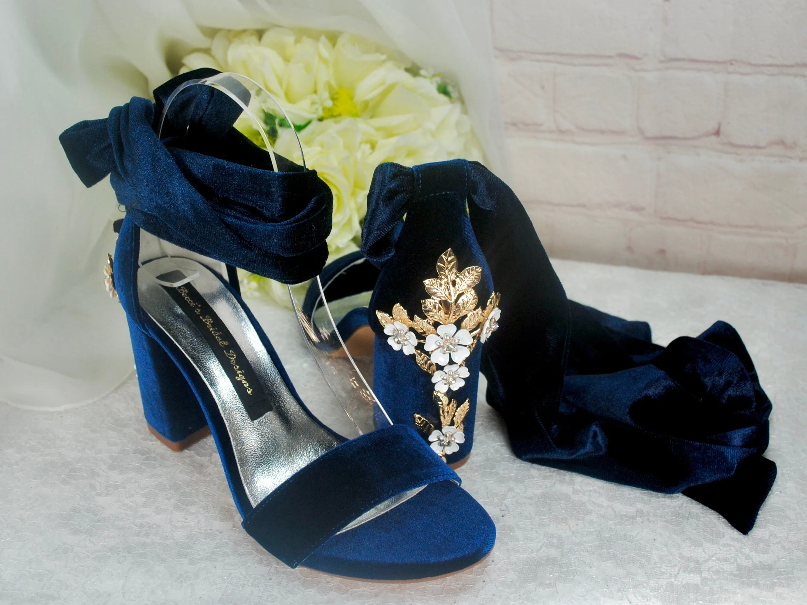 Velvet Block Heels with Cherry Blossom