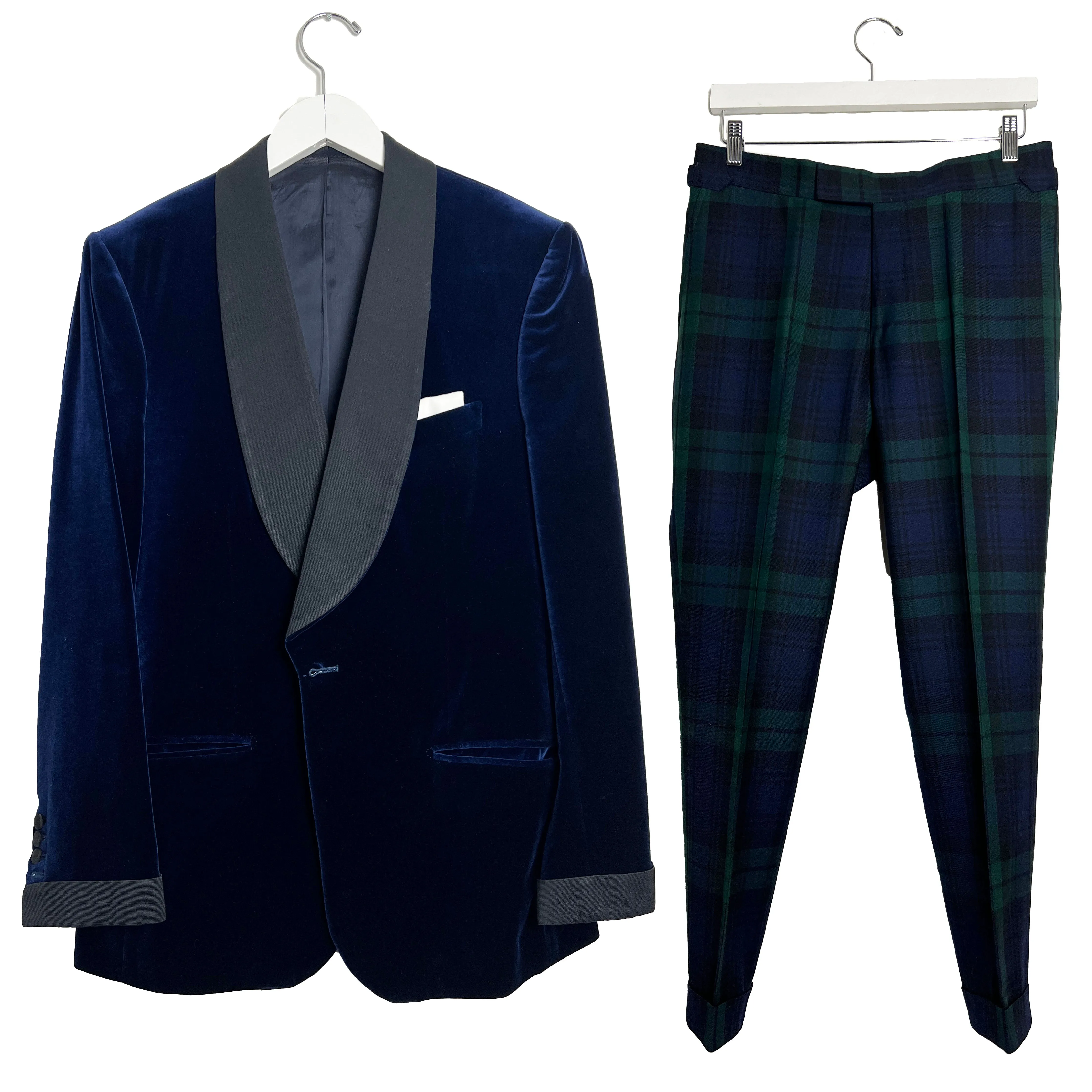 Velvet Smoking Jacket and Black Watch Tartan Trousers
