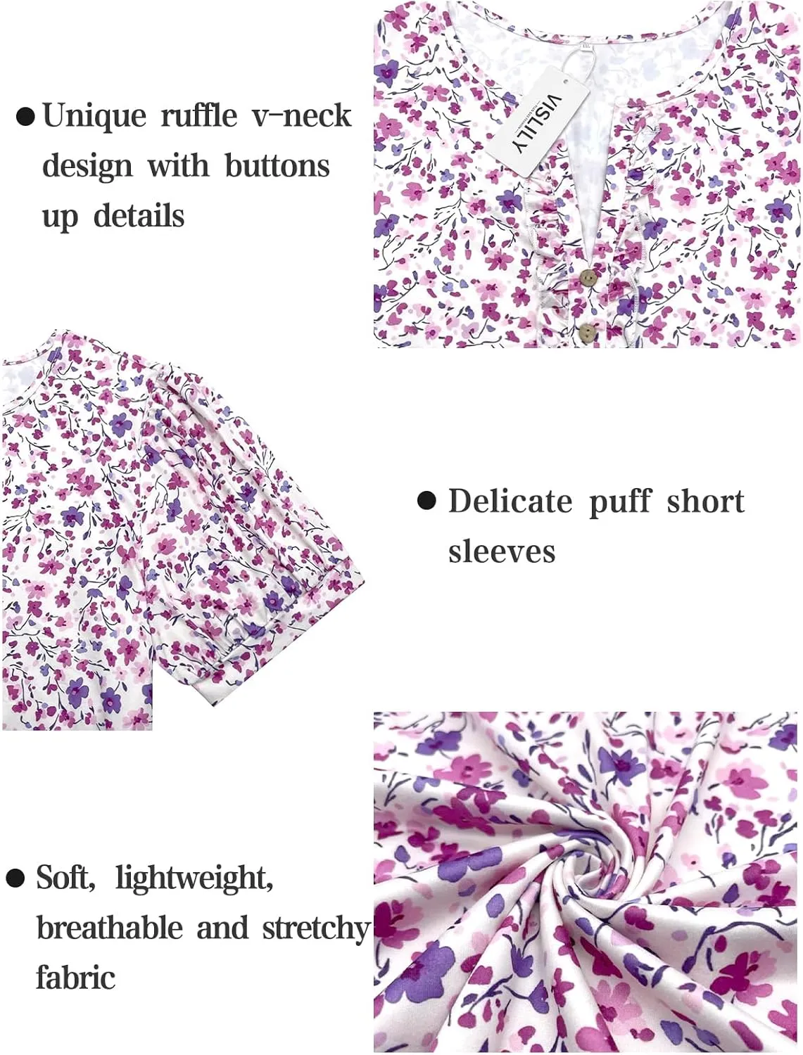 VISLILY Womens-Plus-Size-Summer-Tops Dressy Ruffle V Neck T Shirts Trendy Puff Short Sleeve Tunics Casual Buttons Up Blouses
