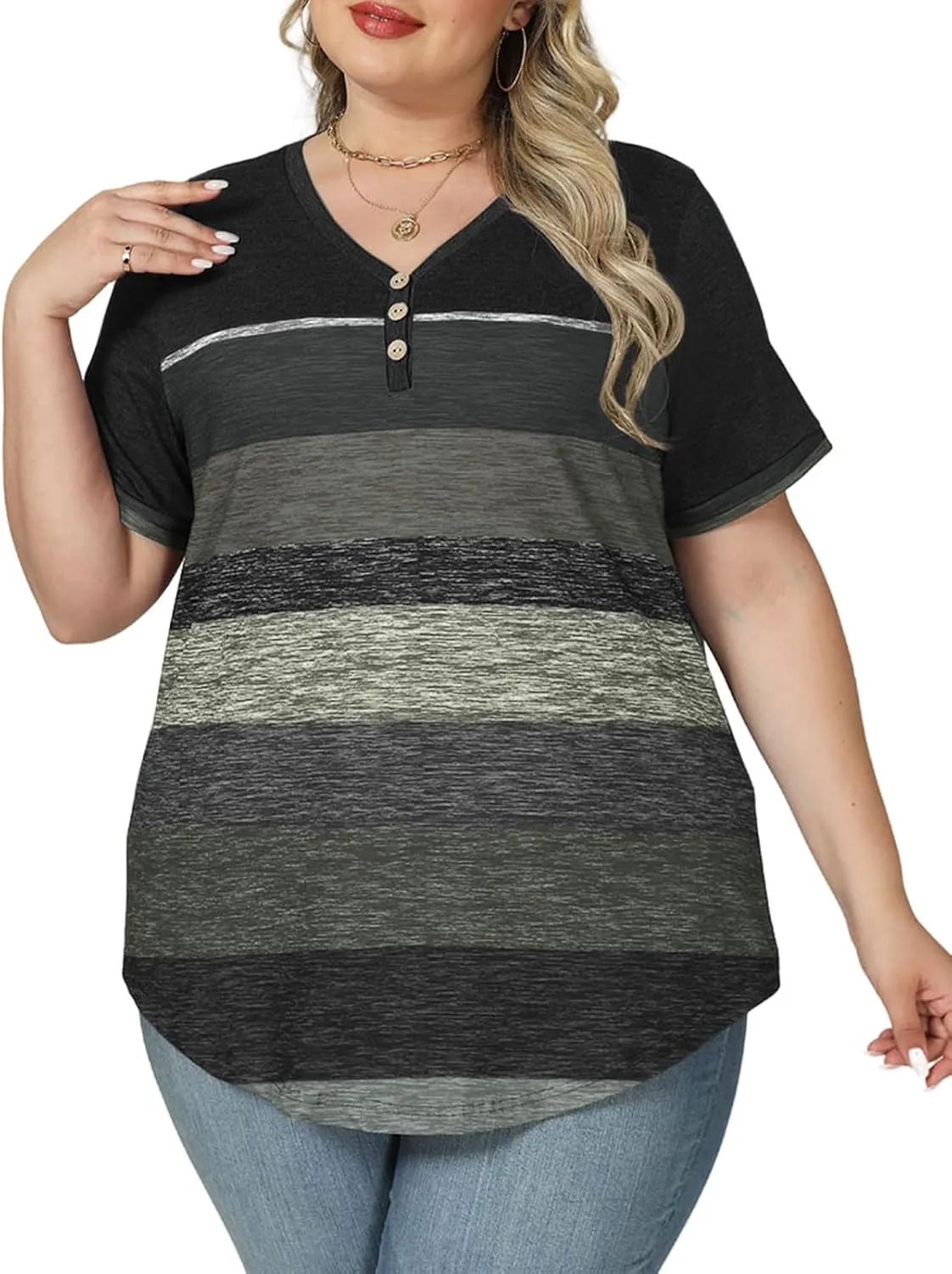 VISLILY Womens-Plus-Size-Summer-Tops Dressy V Neck T Shirts Trendy Striped Color Block Short Sleeve Buttons Up Blouses Tunics