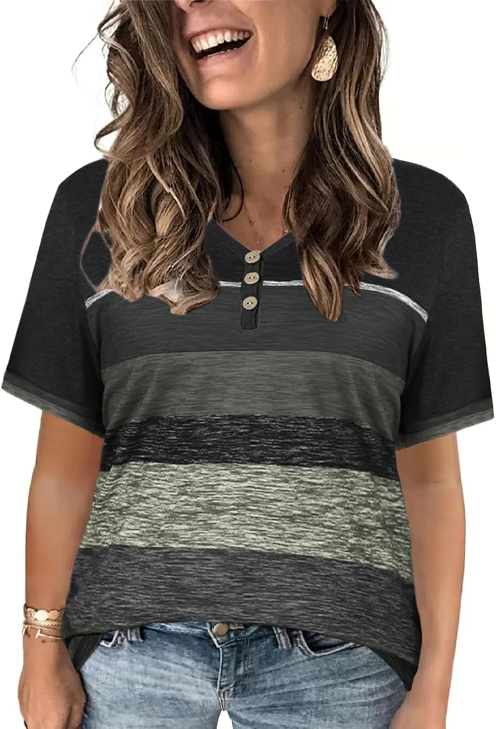 VISLILY Womens-Plus-Size-Summer-Tops Dressy V Neck T Shirts Trendy Striped Color Block Short Sleeve Buttons Up Blouses Tunics