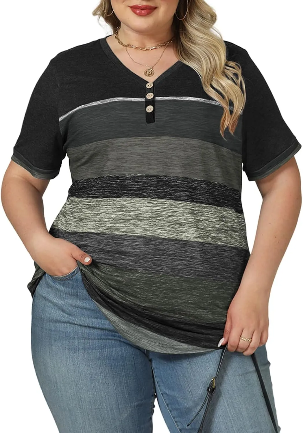 VISLILY Womens-Plus-Size-Summer-Tops Dressy V Neck T Shirts Trendy Striped Color Block Short Sleeve Buttons Up Blouses Tunics
