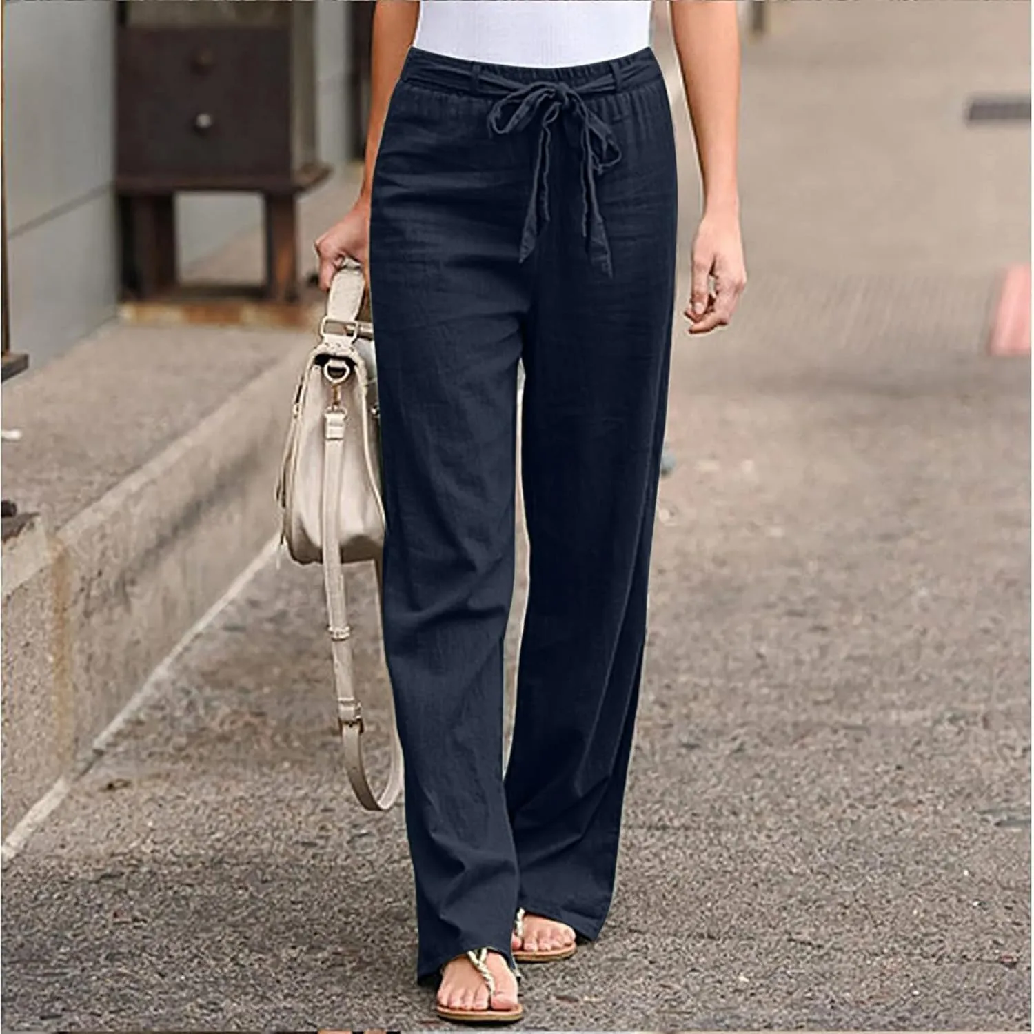 Wide Leg Cotton Linen Pants for Women Drawstring Elastic Waist Lounge Trousers Summer Casual Loose Lightweight Beach Pants